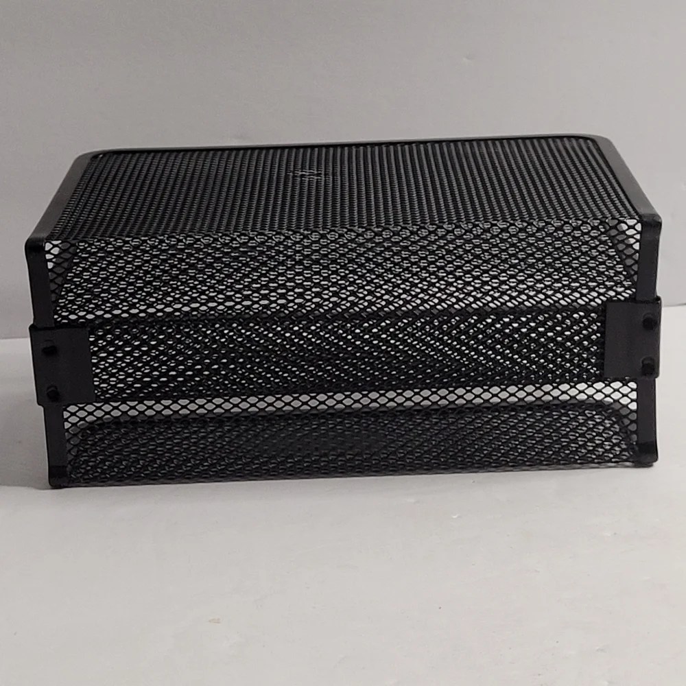 Black, three-tiered metal mesh file holder. 318